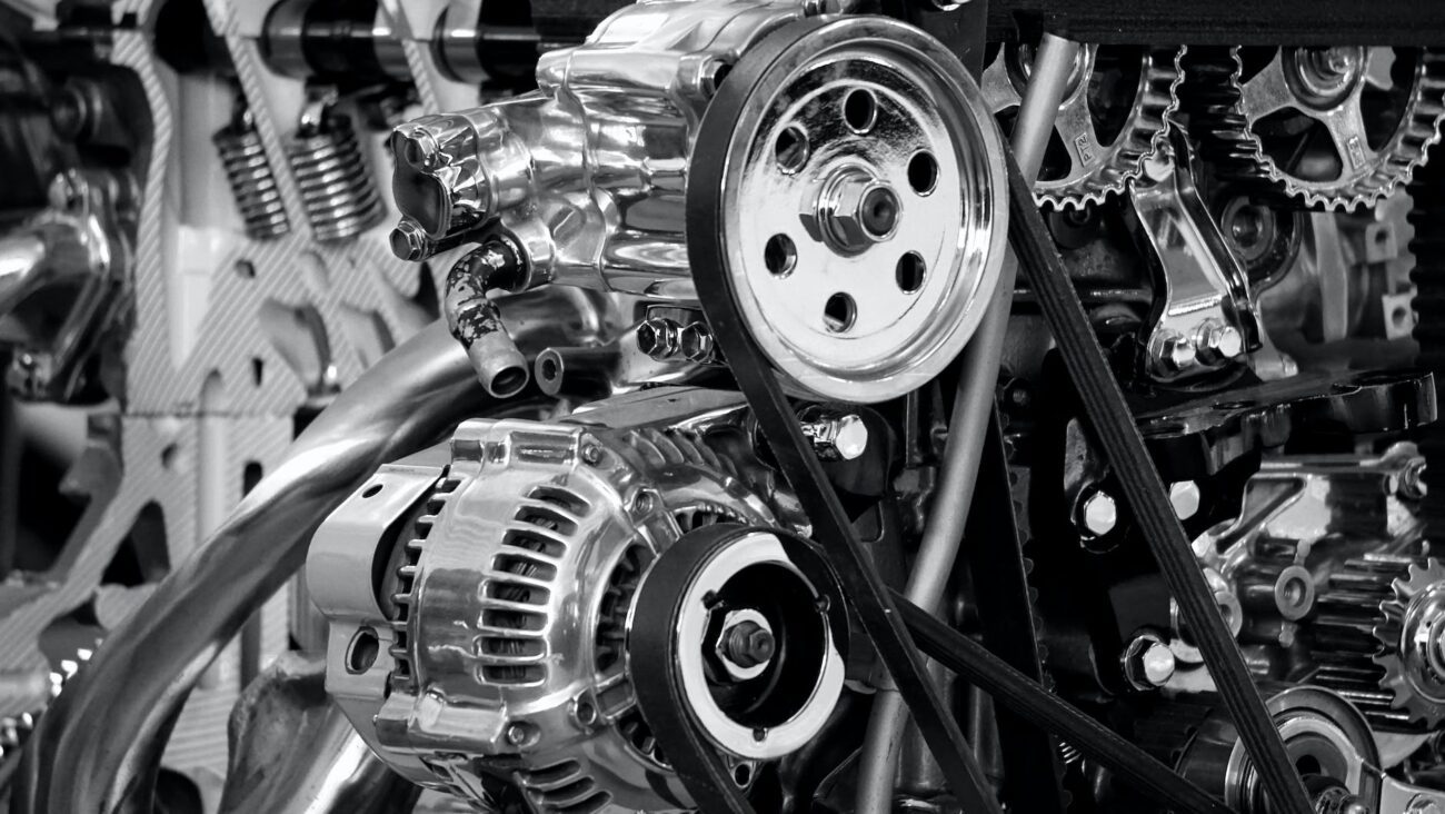 greyscale photography of car engine