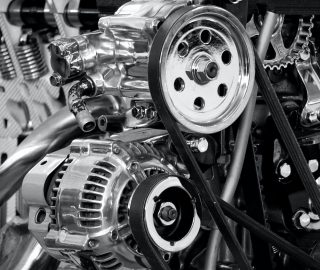 greyscale photography of car engine